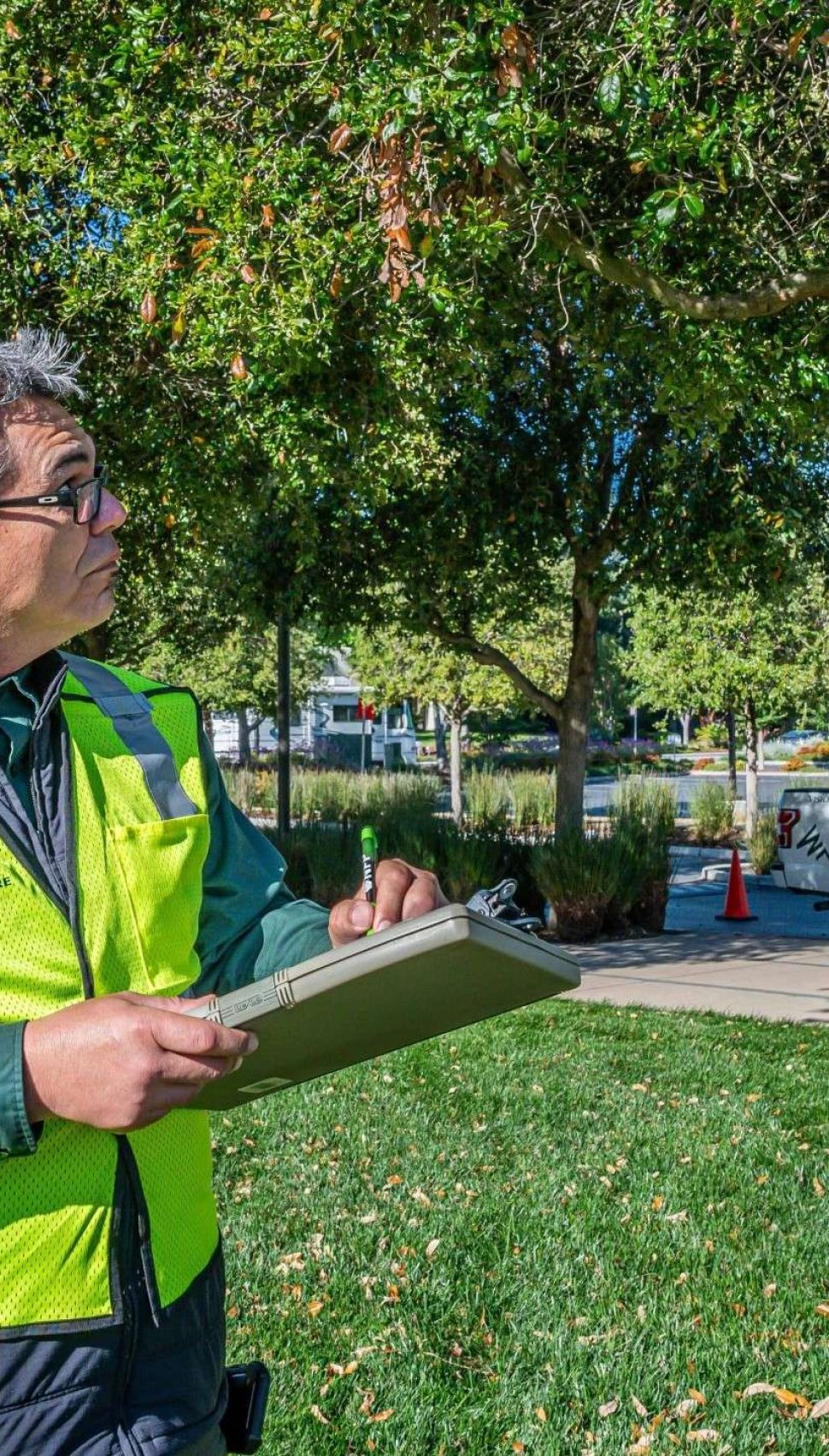 A certified tree professional from Alpine Tree Care conducting a tree safety inspection in a well-maintained urban area. Wearing a high-visibility vest, he evaluates tree health while taking notes on a clipboard. A branded Alpine Tree Care truck is visible in the background.